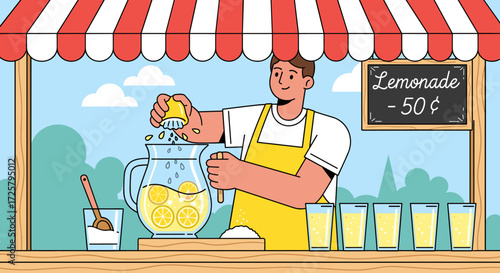 Man squeezing lemons to make fresh lemonade at a stand