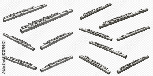 Multiple metallic flute sections with keys arranged at various angles against a transparent background.