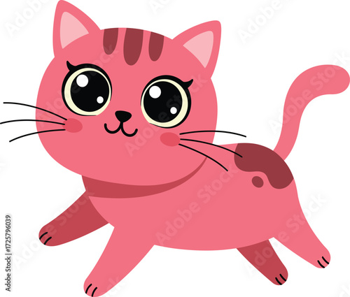 Adorable pink cartoon cat with big green eyes playful pose charming feline character for kids and pet lovers unique design isolated on transparent background
