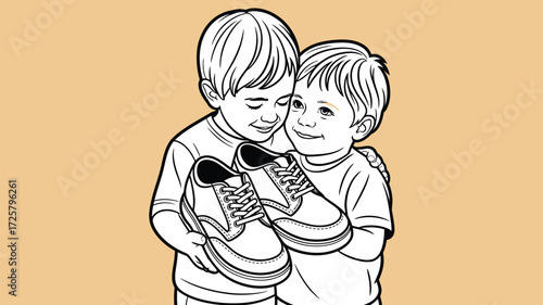 Two happy young boys excitedly showing off their brand new sneakers, celebrating childhood joy and friendship with a classic, timeless style