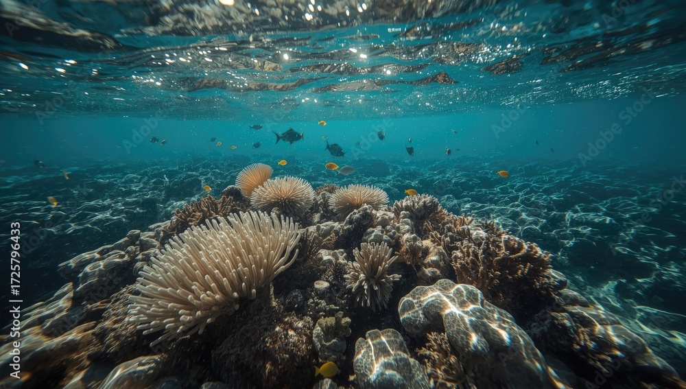 Fototapeta premium A vibrant underwater scene showcases a coral reef teeming with life, showcasing the rich biodiversity of the ocean depths.