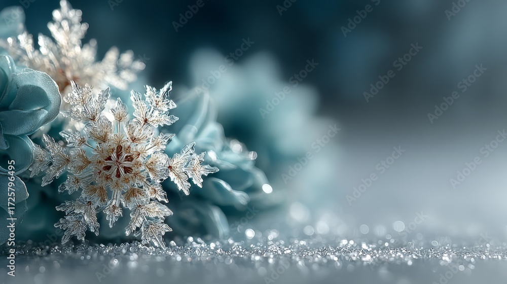Fototapeta premium Sparkling glass snowflake, cold mood, resting on a bed of glitter with a blurred background, representing winter and holiday elegance, with copy space.