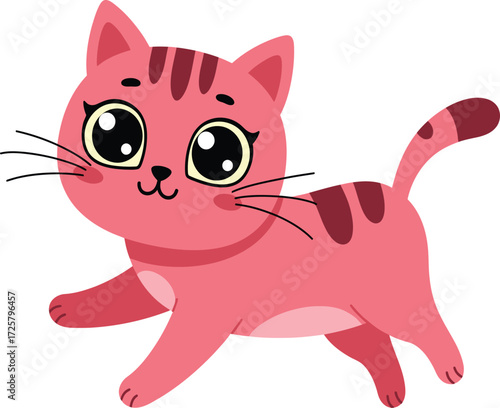 Adorable pink cartoon kitten with big green eyes playfully walking and looking curious a delightful pet illustration for children isolated on transparent background