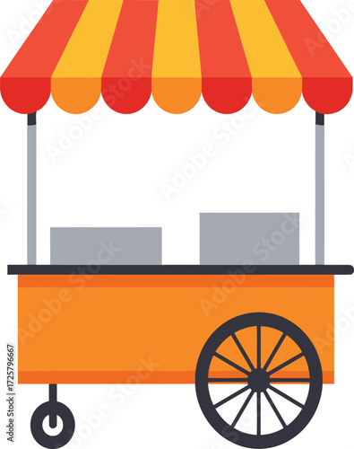 Colorful food cart with striped awning and wheels ideal for street food vendors and event catering businesses isolated on transparent background