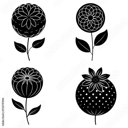 Four stylized black and white flowers with different patterns and leaf arrangements are displayed nicely