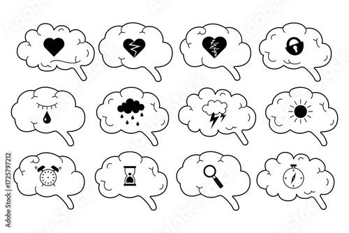 Set of black and white brain icons with emotional and cognitive symbols inside: heart, lock, tear, storm, sun, clock, compass. Mental health, psychology, therapy and emotions concept.