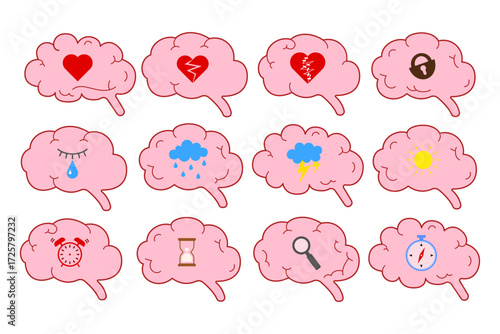 Colorful set of brain icons with emotional and cognitive symbols inside: heart, tear, storm, sun, clock, hourglass, compass. Psychology, mental health, therapy and emotions concept.