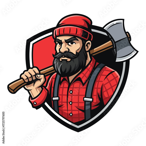 Rugged lumberjack icon holding axe fierce expression red plaid shirt and beanie