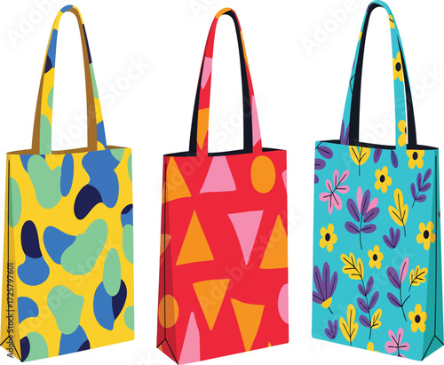 Vector, illustration, three tote bags with abstract colors, product, pouch, bag,