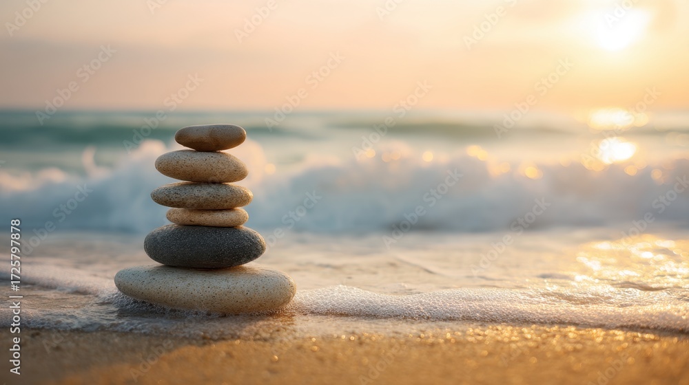 Fototapeta premium Balanced stone stack on ocean shore. Calm beach scene at sunset with soft waves. Concept of harmony, peace, and mindfulness for zen.