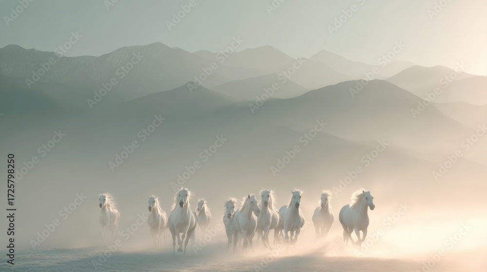 Naklejka premium Herd of wild white horses gallop through foggy mountain landscape. Dynamic freedom concept image.