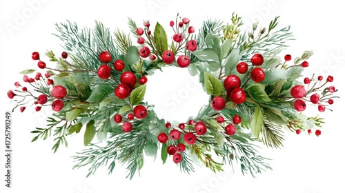 Christmas watercolor wreath with red berries and green pine branches for holiday greeting card. Winter season decorative garland.