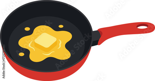 Bright red frying pan with a yellow star-shaped pancake or omelet cooking inside on a breakfast food preparation isolated on transparent background