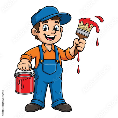 Cheerful painter character with paint bucket and brush ready for renovation work
