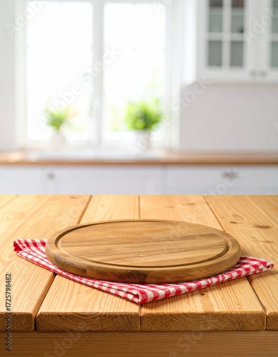 Wooden table top with round cutting board and red checkered cloth in a blurred kitchen background