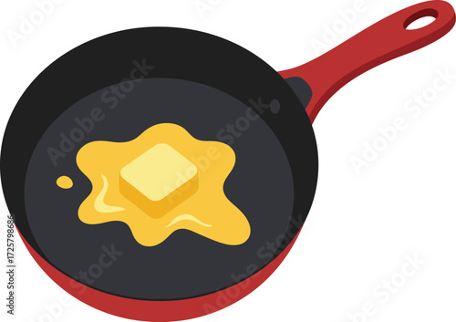 Close-up view of a frying pan with a star-shaped pancake and melting butter creating a delightful breakfast scene isolated on white isolated on transparent background