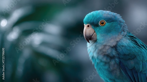 Vibrant Blue Parrot Profile with Detailed Plumage Close Up in Natural Light with Blurred Green Foliage Background
