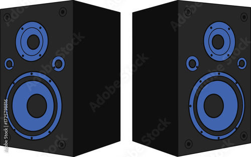 Pair of high-quality black audio speakers with vibrant blue accents perfect for music production studio or home entertainment systems isolated on transparent background