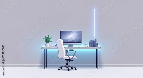 A minimalist white office desk with a computer, white chair, and glowing blue lights in a clean, modern workspace with a potted plant. The image has a pixel art style.