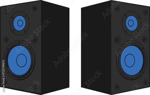 High-fidelity stereo speakers with vibrant blue drivers for immersive audio experiences and modern home entertainment systems isolated on transparent background