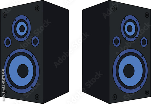 Two modern black speakers with illuminated blue woofer cones perfect for audiophile music production and home entertainment systems isolated on transparent background