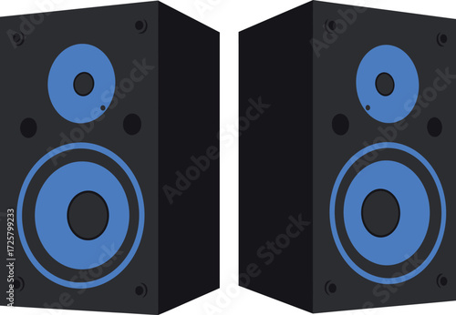 Dynamic duo pair of black speakers with vibrant blue illumination ready for immersive audio experiences isolated on transparent background