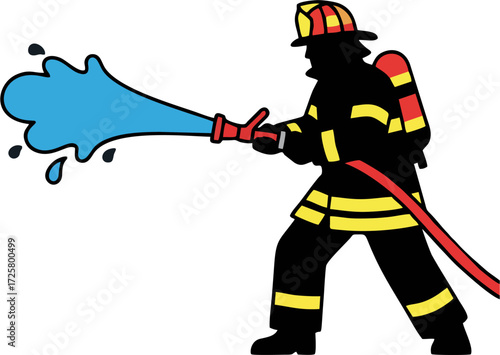 Firefighter Silhouette Vector – Fireman with Yellow Stripes and Red Helmet Spraying Water from Hose