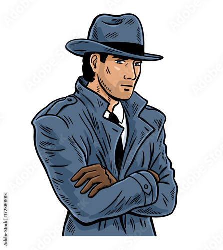 Hardboiled detective portrait in trench coat and fedora
