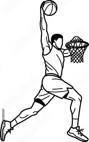 Vector line art of a basketball player performing a slam dunk, black and white, minimalist silhouette, dynamic action pose, clean and simple design