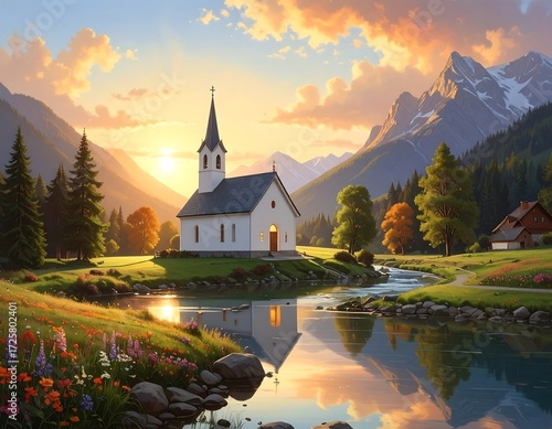 Alpine Chapel at Sunrise Serenity