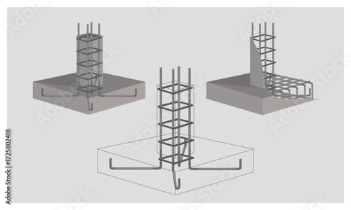 Isometric 3D vector illustration of reinforced concrete pedestal footing with rebar detail