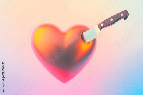 Colorful 3D Illustration of a Glossy Metallic Red Heart Pierced by a Knife, Floating Against a Soft Pastel Gradient Background Symbolizing Emotional Pain and Contrast