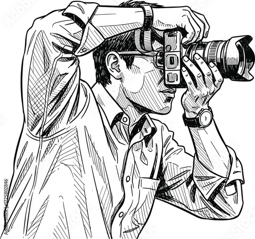 Black and white sketch of photographer holding DSLR camera, artistic illustration for photo shoot, hobby, vintage, focus, creative design