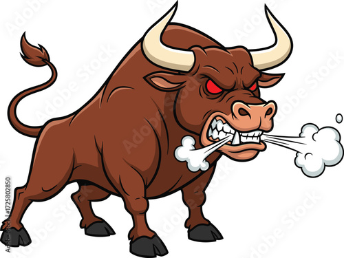 Cartoon angry bull, red eyes, steam nostrils, aggressive pose, muscular animal, vector mascot, rage expression, stock design, power symbol