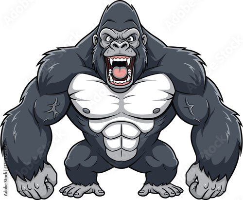 Cartoon angry gorilla, muscular pose, roaring expression, clenched fists, wild animal, jungle strength, vector art, aggressive mascot, stock design