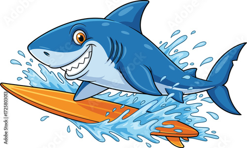 Cartoon blue shark, surfing leap, orange surfboard, ocean splash, fun animal, children’s vector, summer theme, energetic pose, stock mascot design