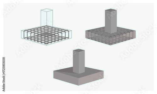 Clean 3D illustration showing step-by-step construction of a column footing with rebar placement, concrete casting, and finished pedestal foundation for civil engineering projects.