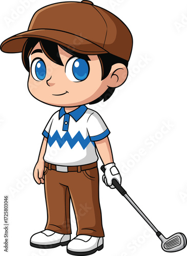 Cartoon boy golfer holding club in sports outfit, kids golf character illustration for game, swing, outdoor, fun, athletic design