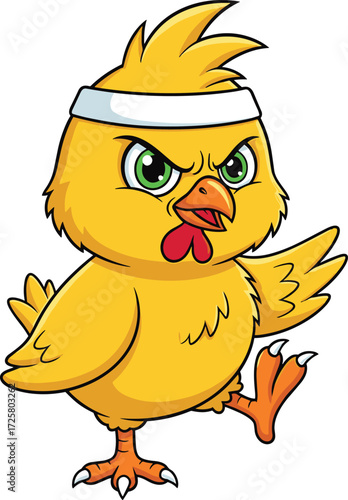 Cartoon chick in workout pose with headband and fierce expression, fitness animal character illustration for kids, martial arts, vector design