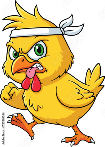 Cartoon chick in martial arts pose with headband and fierce face, action animal character illustration for kids, workout, vector design
