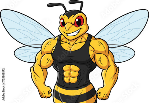 Cartoon muscular bee in tank top with clenched fists, strong insect character illustration for kids, fitness, humor, gym, vector design