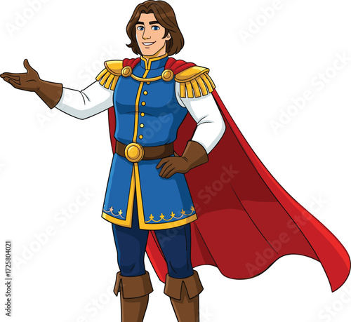 Cartoon prince character, fairytale costume, royal outfit, fantasy theme, kids illustration, vector art, friendly pose, isolated background, storybook design
