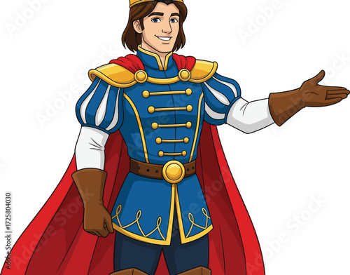 Cartoon prince character, fantasy costume, royal outfit, fairytale theme, kids illustration, vector art, heroic pose, isolated background, storybook design