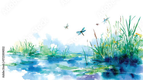 A serene watercolor landscape featuring a tranquil pond with lily pads, surrounded by lush greenery and delicate dragonflies flying above