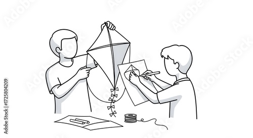 Black and white sketch illustration of two people building a kite at a table using string and wood materials.