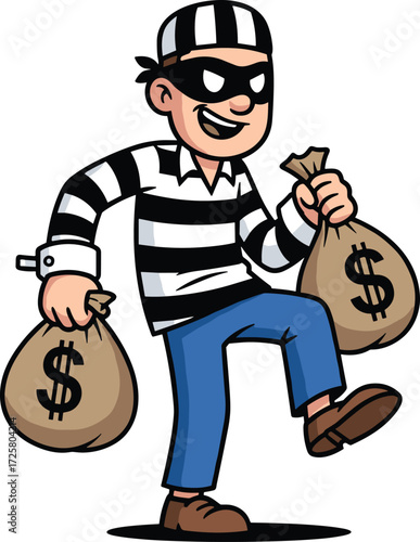 Cartoon thief character holding money bags, wearing striped outfit and mask, humorous burglar illustration for crime, robbery, finance, security themes