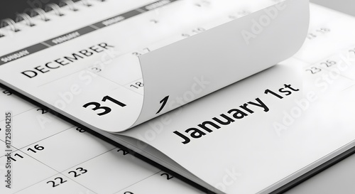 Close-up of a desktop calendar with the page turning from December 31st to January 1st, symbolizing the start of a new year.