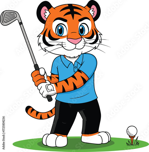 Cartoon tiger golfer, animal character, golf club swing, sports outfit, kids illustration, vector art, fun pose, isolated white background, playful design