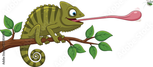 chameleon, cartoon, insect, tongue, branch, tree, jungle, nature, green, animal, hunt, leaf, fly, wild, vector, cartoon chameleon, long tongue, tree branch, catching insect, jungle animal, 