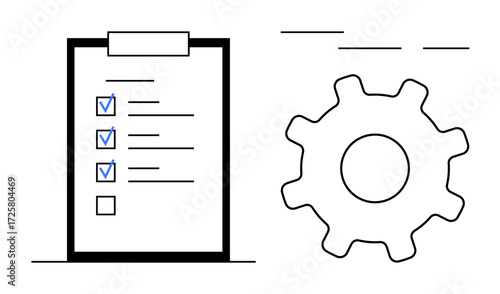 Task checklist with checkmarks on a clipboard next to a gear. Ideal for concepts including organization, planning, project management, productivity, workflow, efficiency, and task prioritization